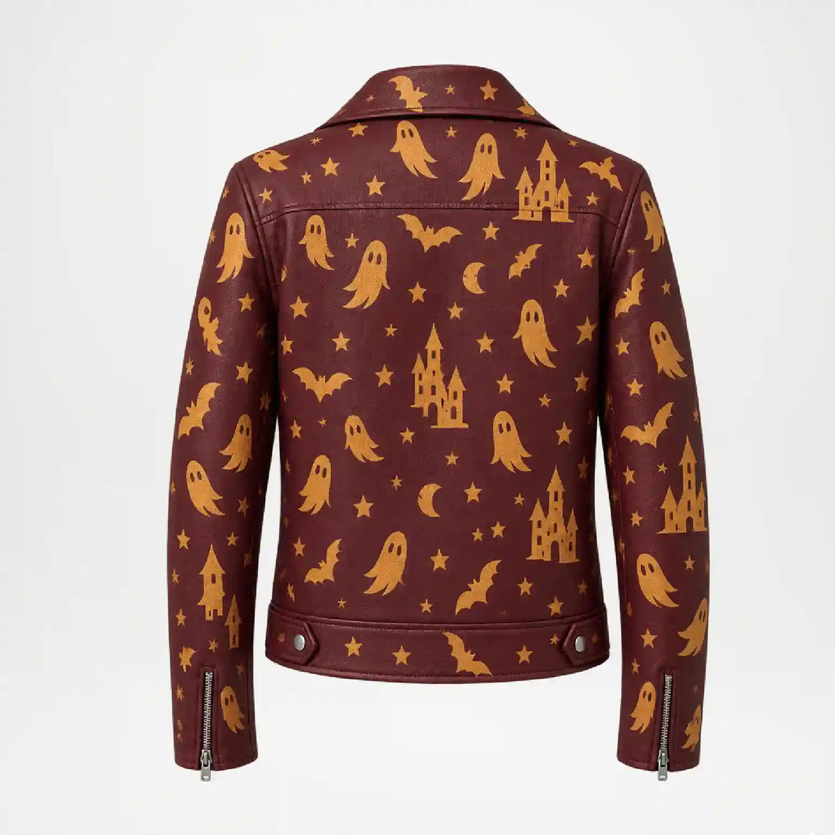 A dark brown faux leather jacket with a repeating Halloween print of orange ghosts, bats, stars, castles, and crescent moons, shown from the back on a white background.