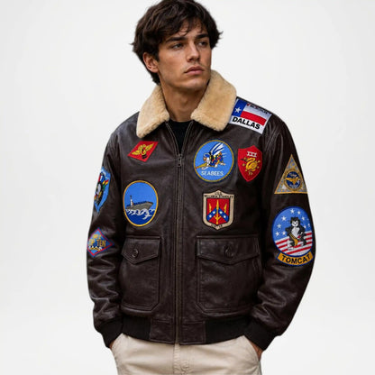 Brown Leather Aviator Jacket Mens Military Style