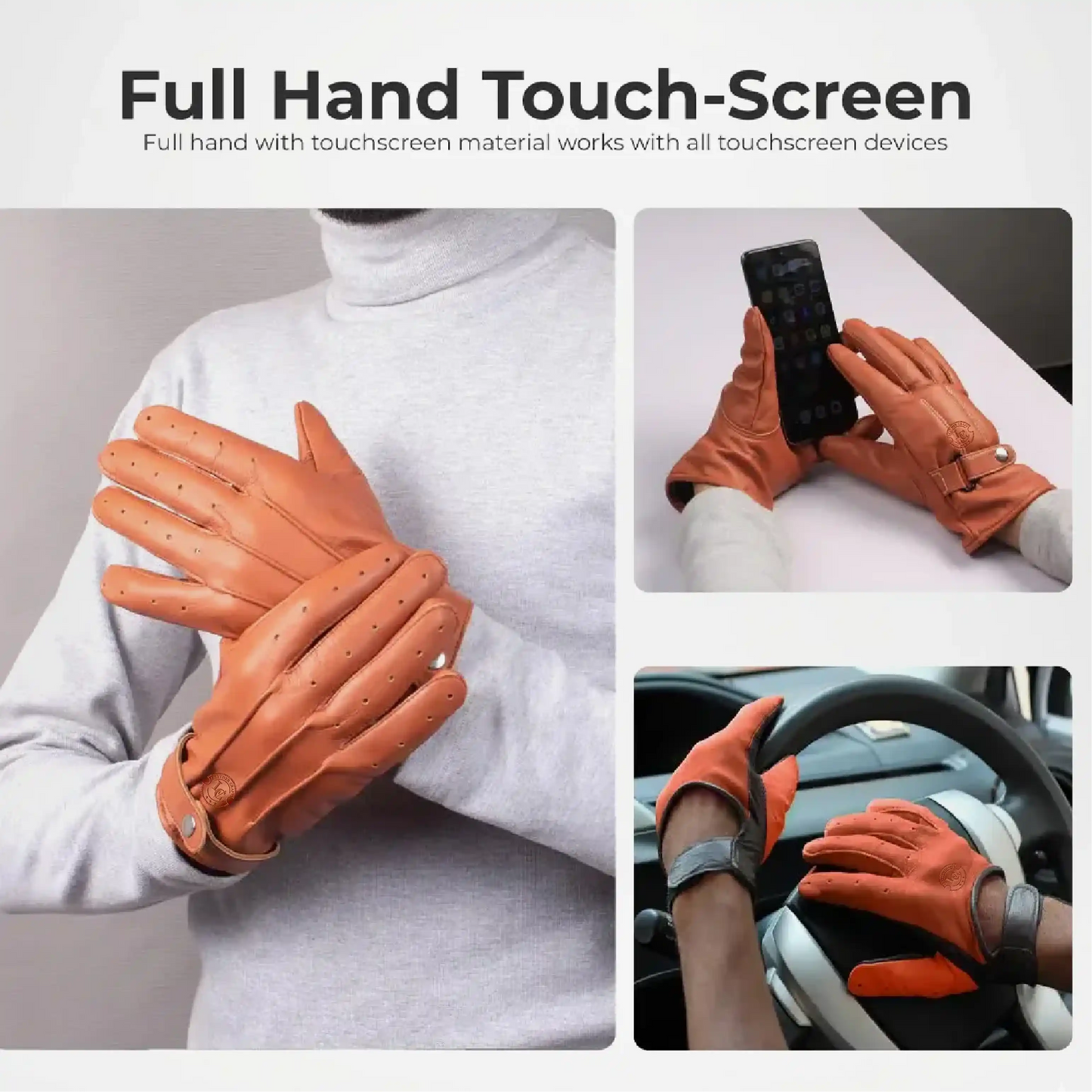 Orange touchscreen gloves being worn and used with a smartphone and car steering wheel.