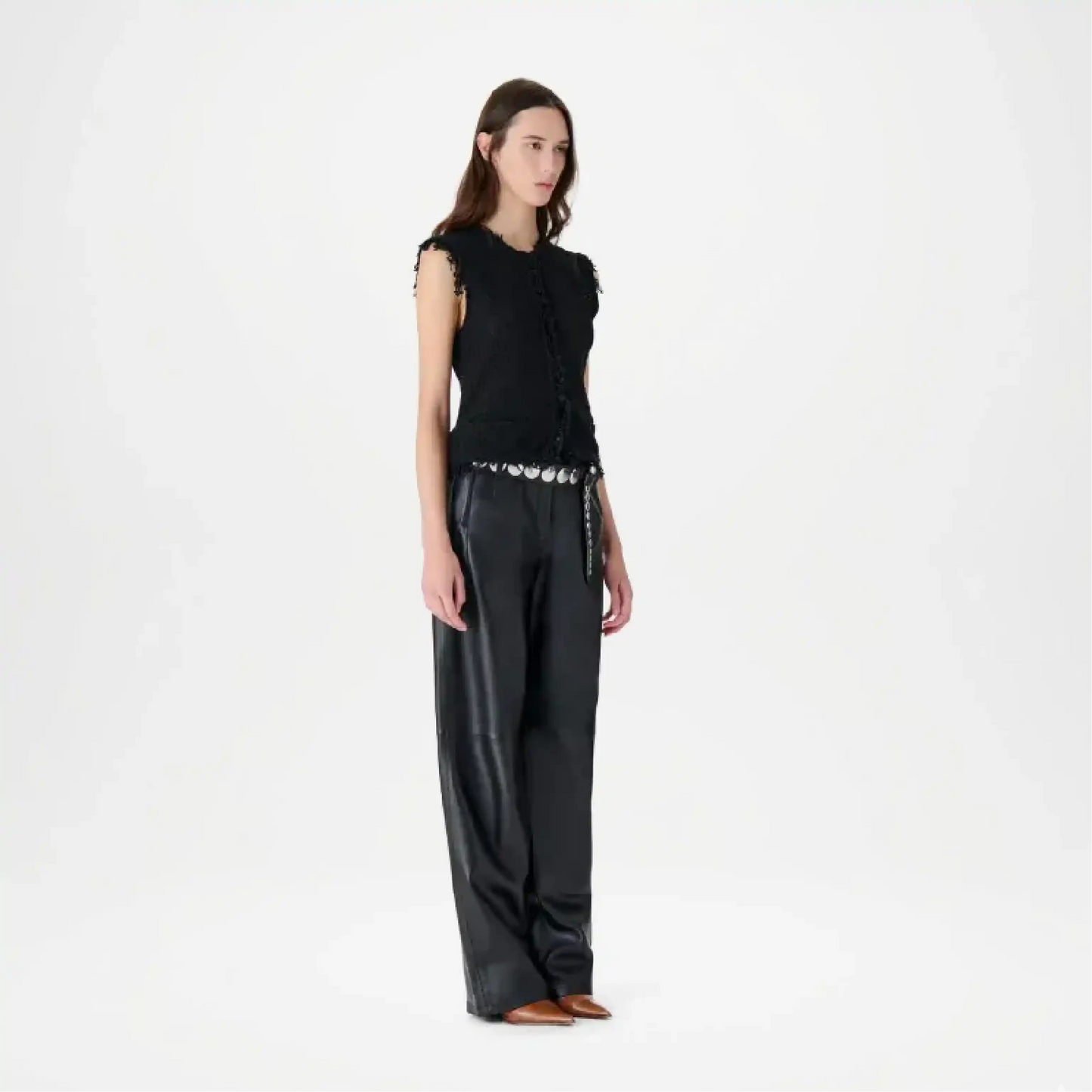 black high waisted wide leg leather pants women
