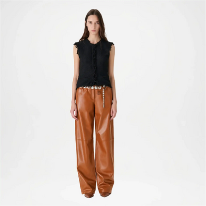 Brown High Rise Wide Leather Pants for Women