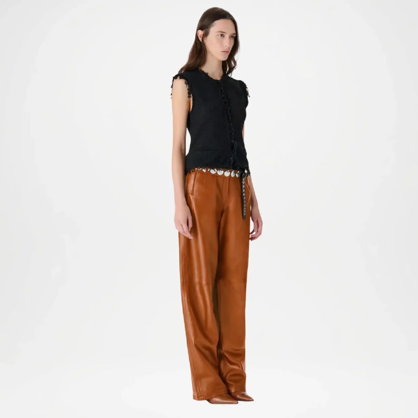 brown leather wide leg pant women
