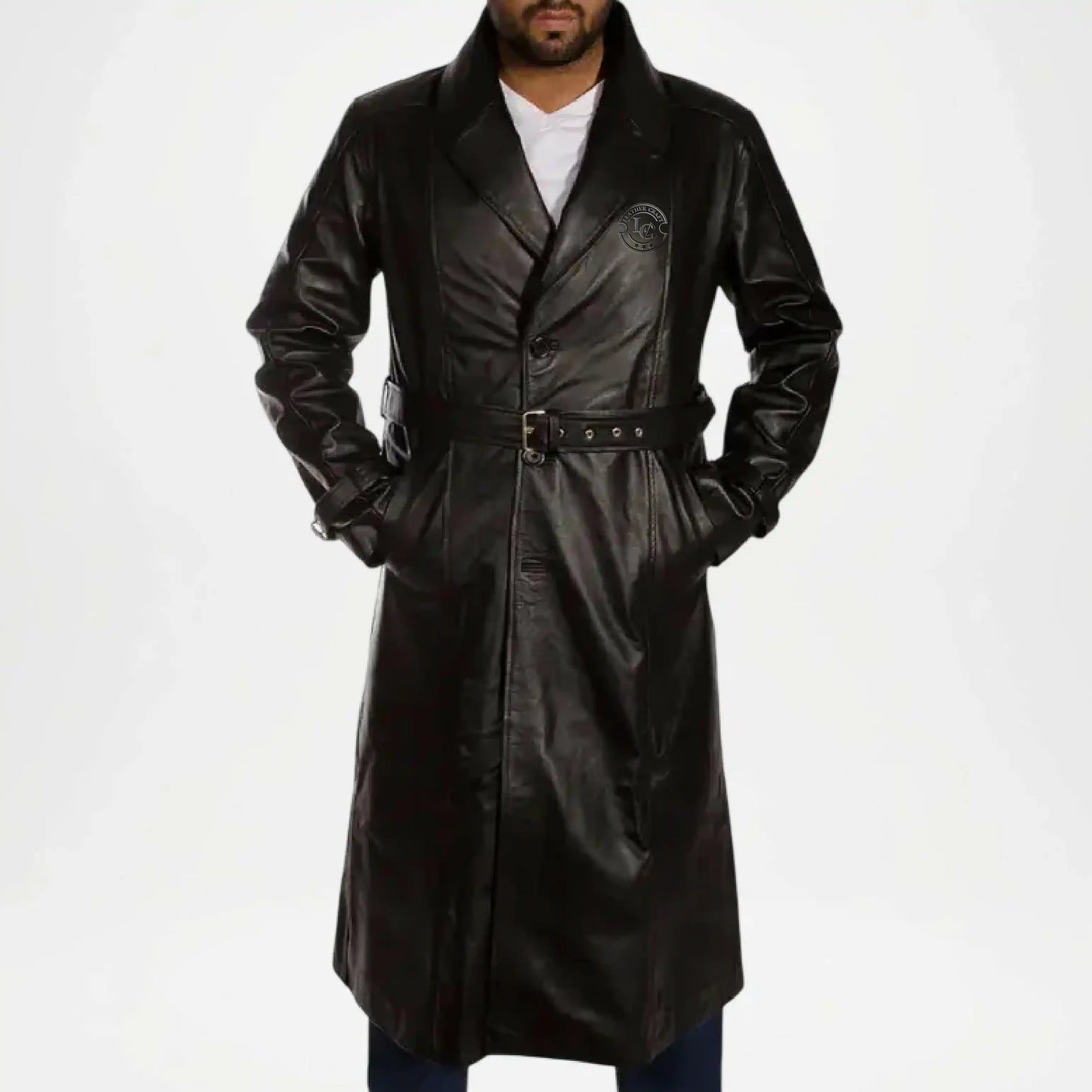 long black leather trench coat for men