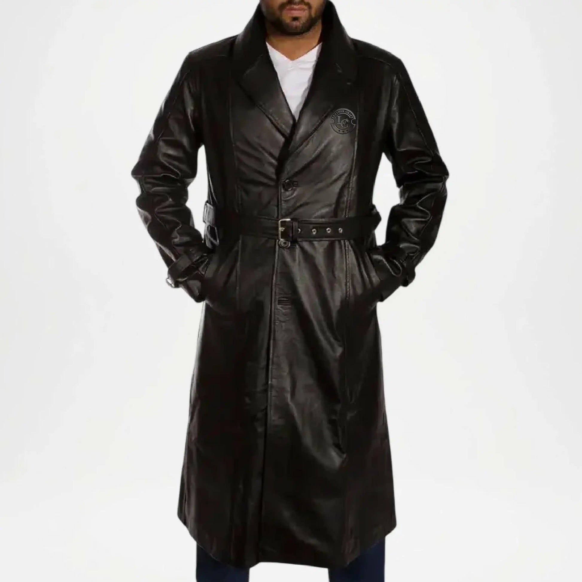 long black leather trench coat for men