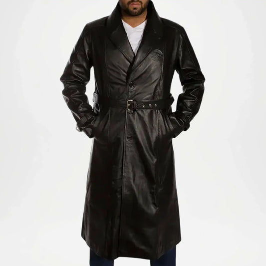long black leather trench coat for men