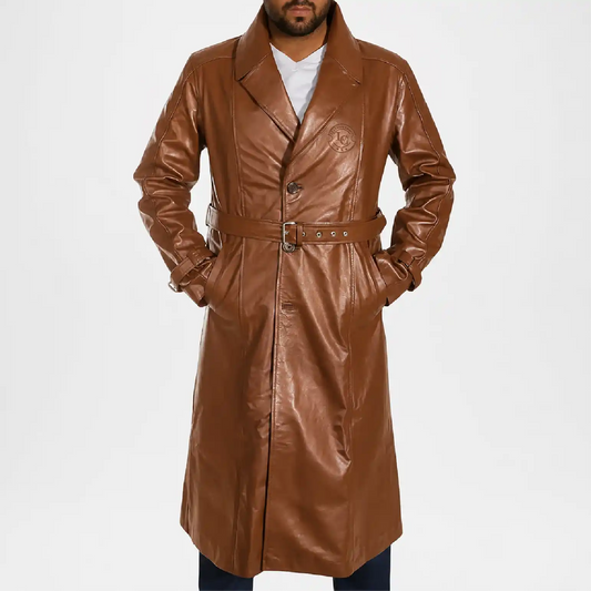 Hooligan Men’s Brown Leather Trench Coat