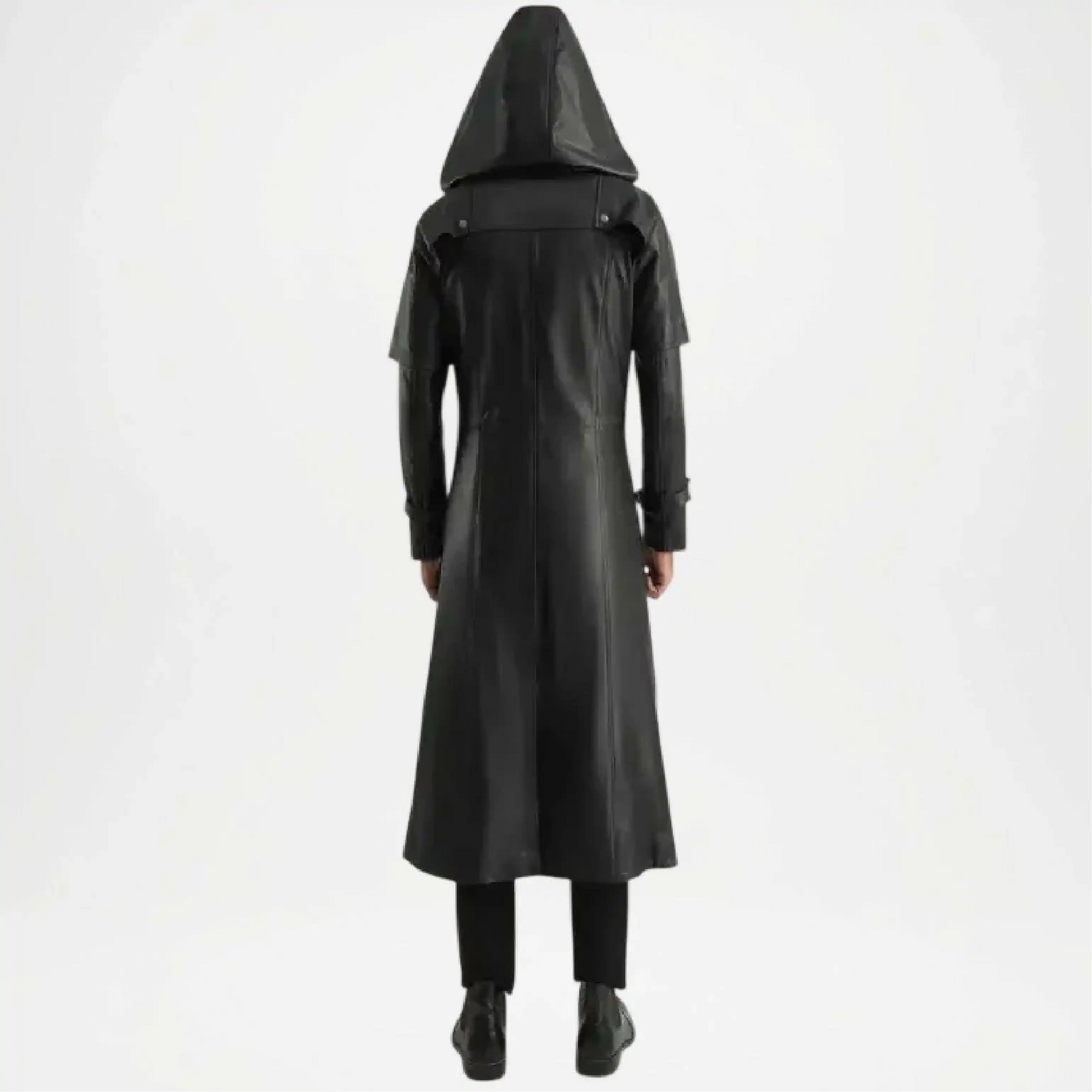 men's hooded black trench coat

