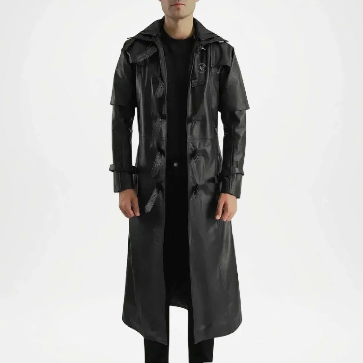 men's black hooded trench coat