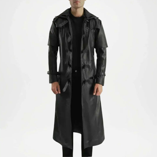 men's black hooded trench coat