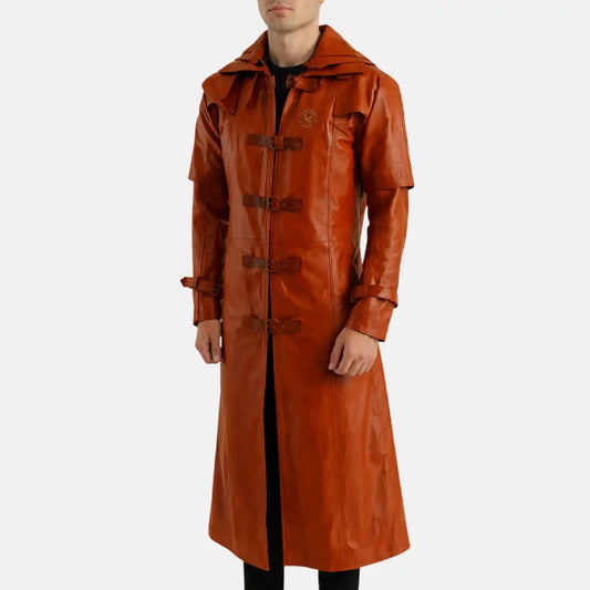 Huntsman Men’s Brown Hooded Leather Trench Coat