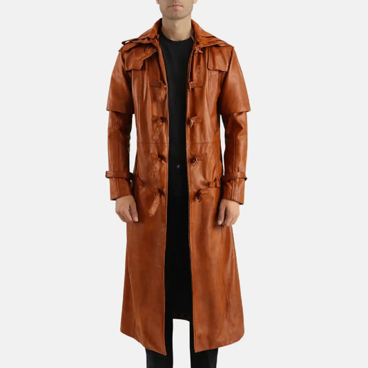 Huntsman Men’s Brown Hooded Leather Trench Coat