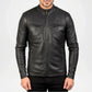 Men’s black leather jacket with front zipper closure