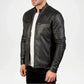 Ionic black biker leather jacket with snap-tab collar