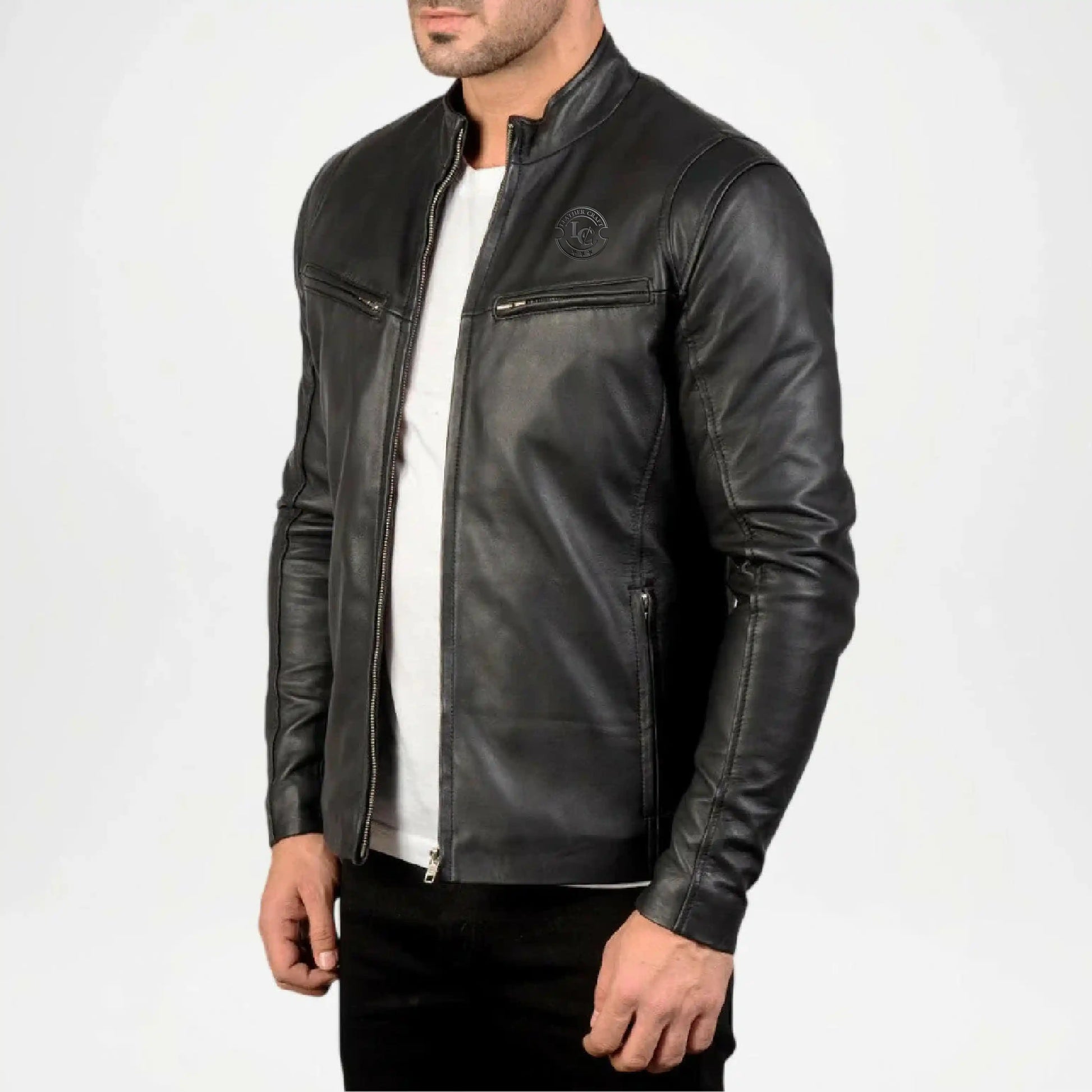 Ionic black biker leather jacket with snap-tab collar