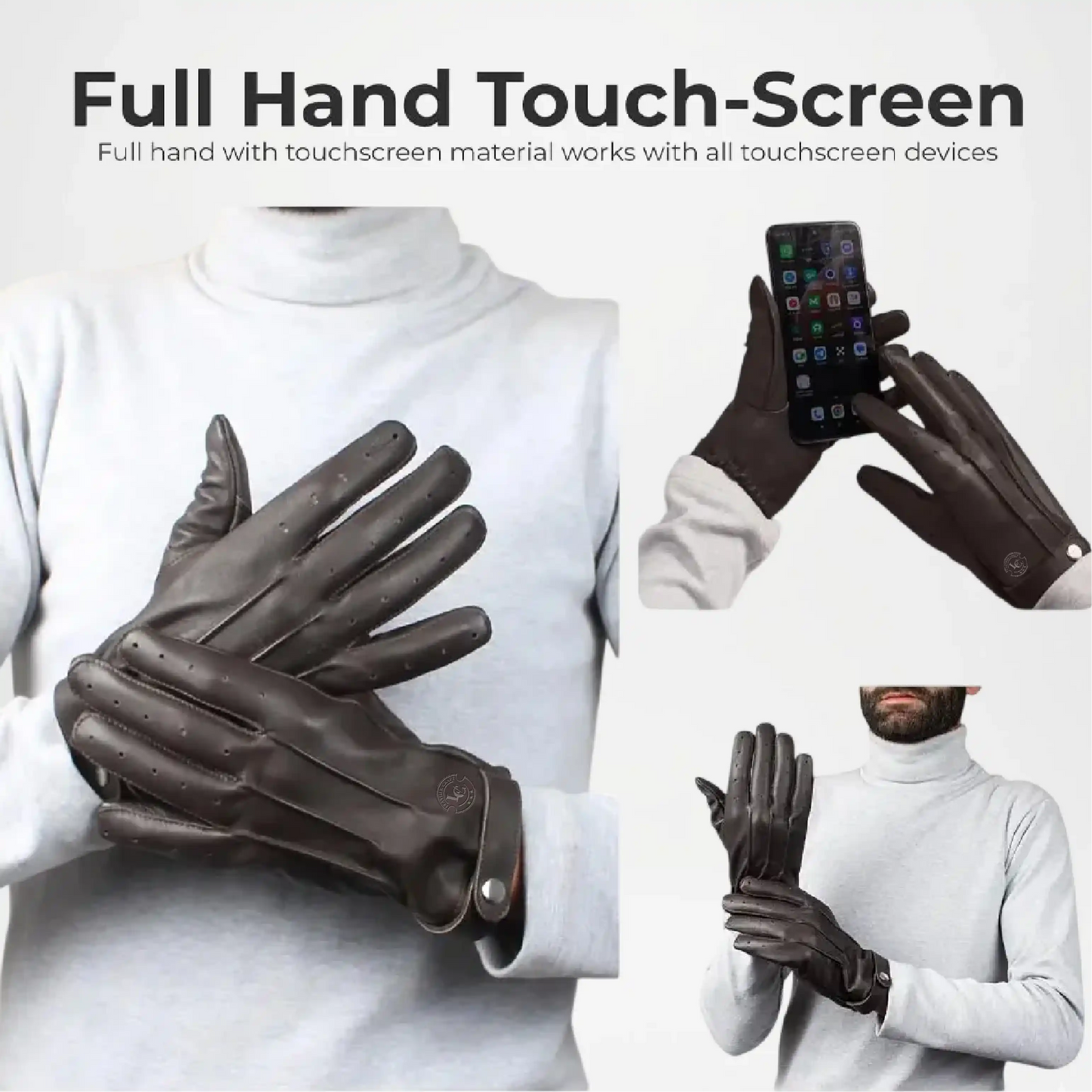 Black touchscreen gloves worn by a person with a phone