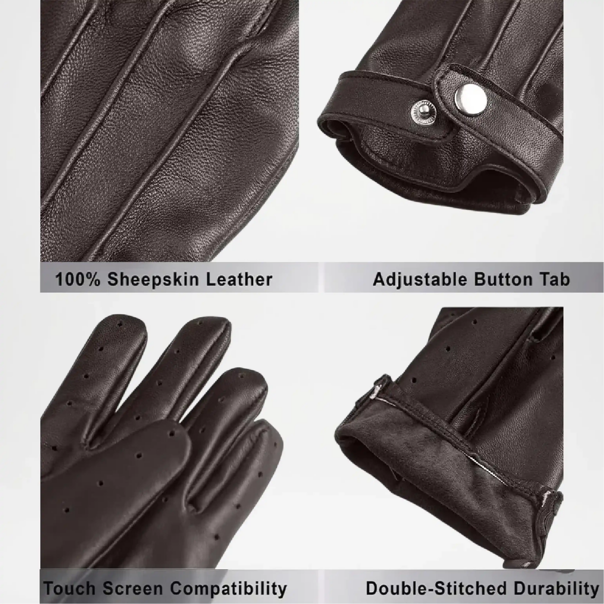 Black leather gloves with features highlighted on a white background