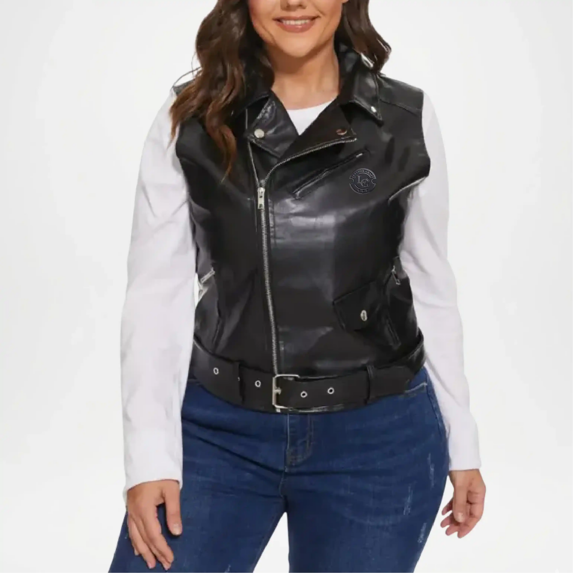 womens black leather moto vest jazmine style