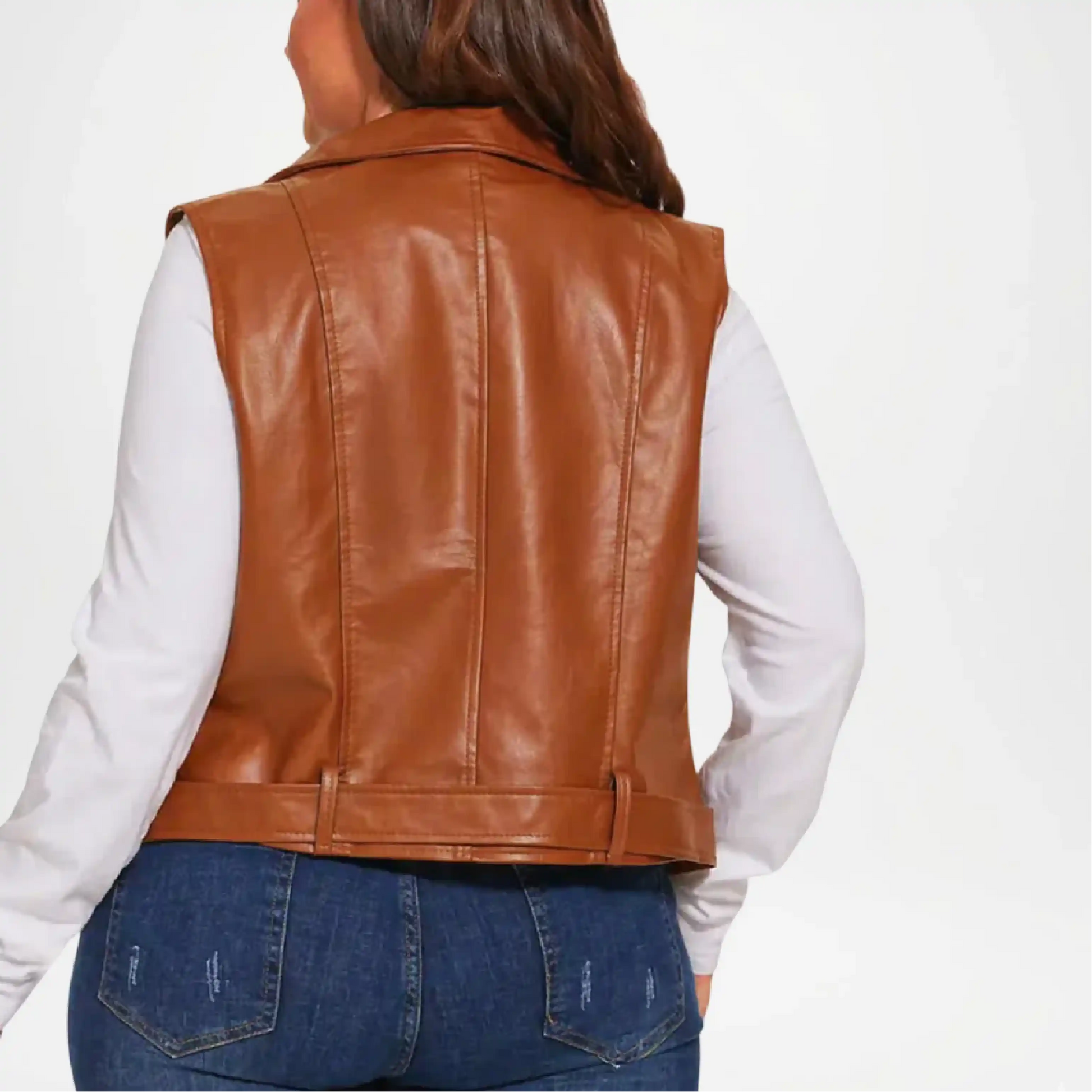brown leather vest women casual biker style