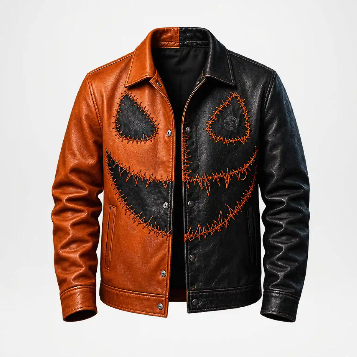 A men's split-color leather jacket with one side in warm cognac brown and the other in black, featuring a large orange stitched jack-o'-lantern face design across the front.