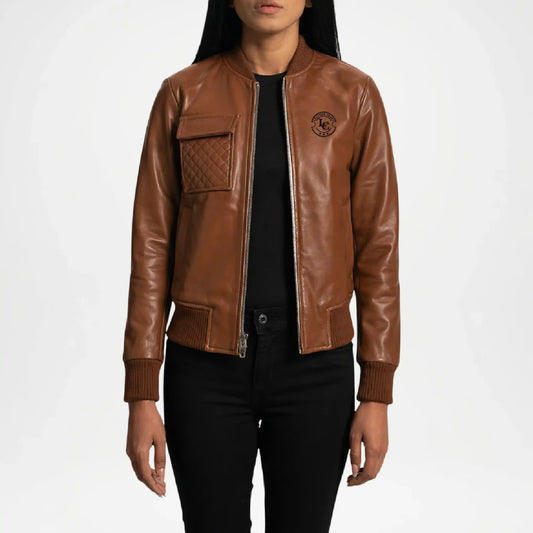 Brown leather jacket worn by a person on a white background