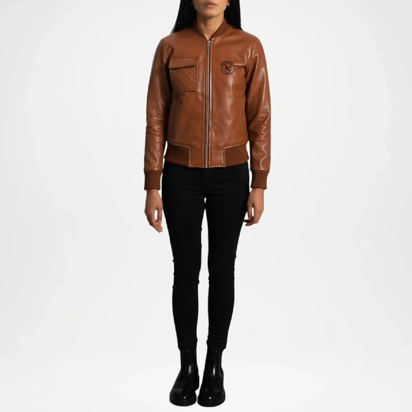 Brown leather jacket worn by a person on a white background