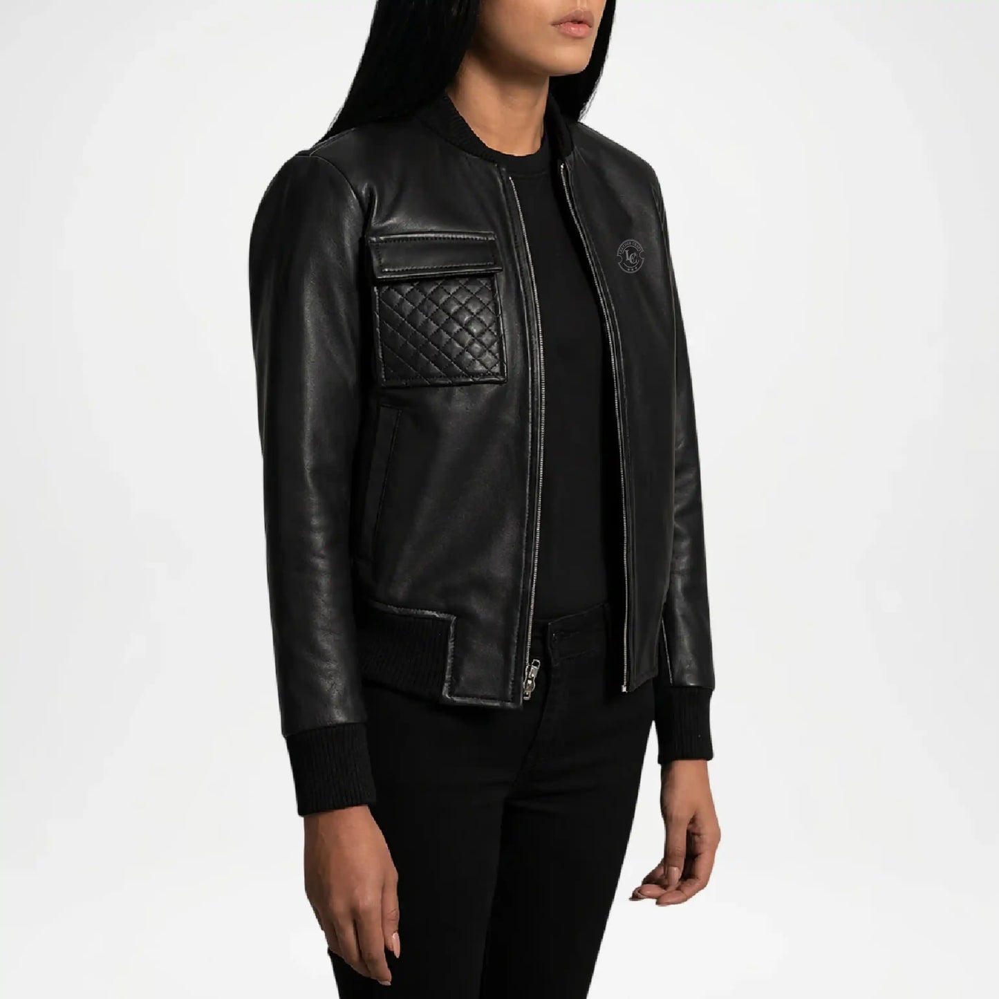 Black leather jacket worn by a person on a white background