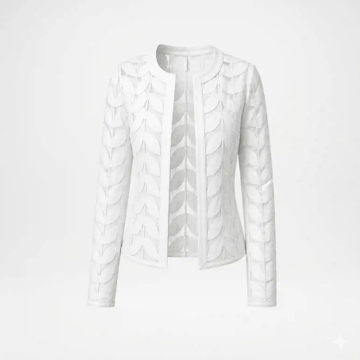 A white textured jacket with a leaf-like pattern, shown on a plain white background.