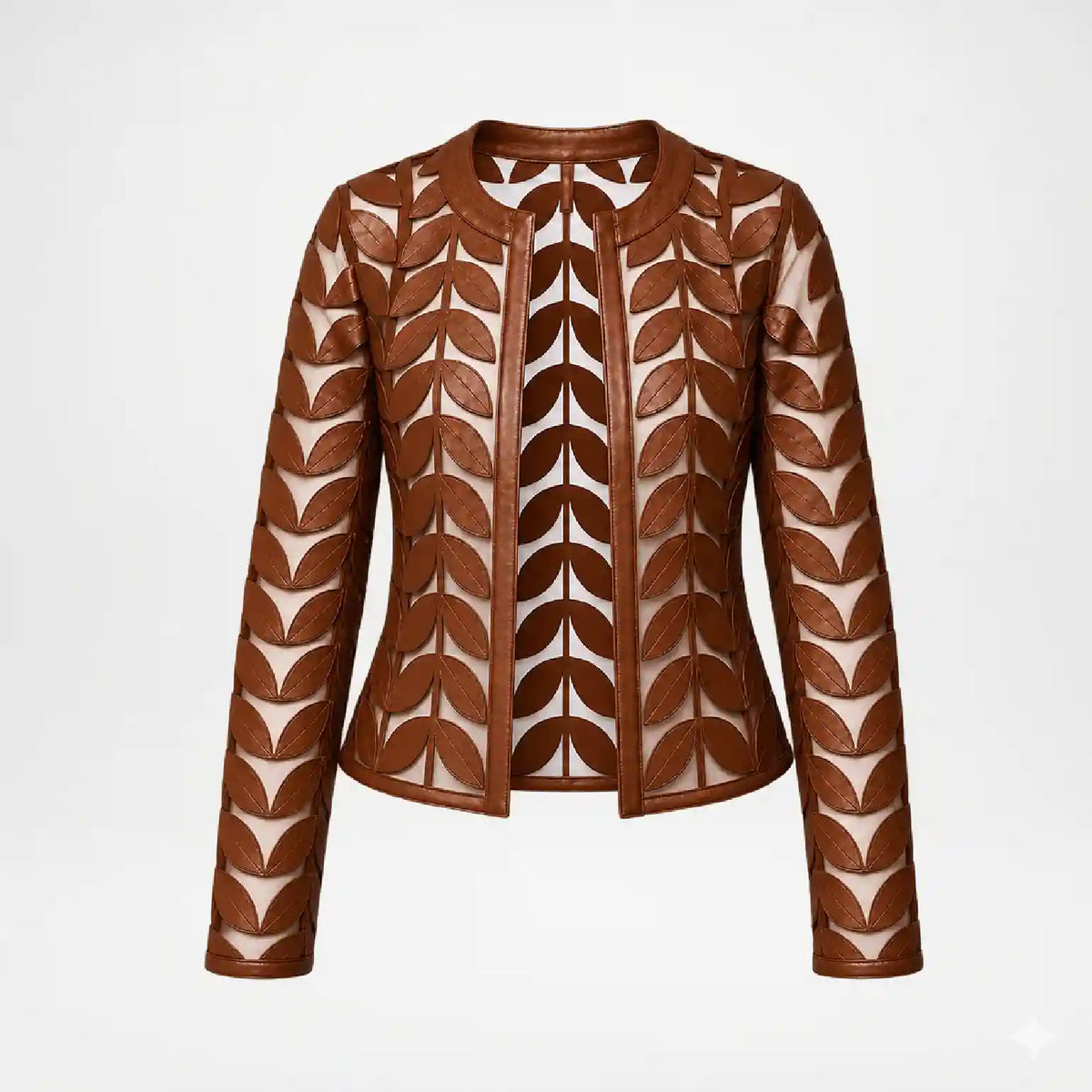 A brown leather jacket featuring an intricate leaf pattern cutout design over a nude mesh lining, shown against a plain light gray background.