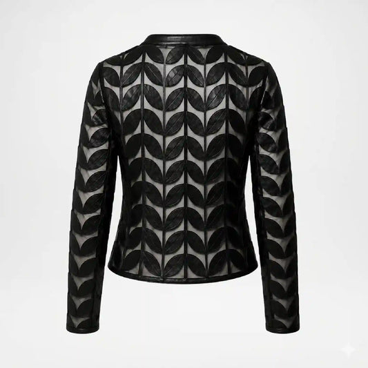 A black long-sleeve jacket featuring an all-over repeating leaf pattern over a sheer mesh fabric, shown against a plain light gray background.