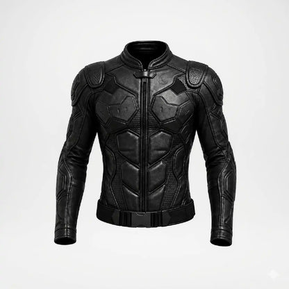 A black futuristic armored jacket with a full front zipper, stand-up collar, and padded segmented panels on the chest, shoulders, and sleeves, shown on a plain light gray background.