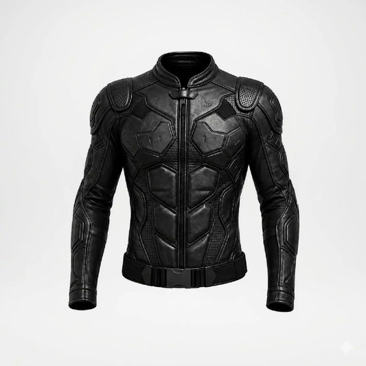 A black futuristic armored jacket with a full front zipper, stand-up collar, and padded segmented panels on the chest, shoulders, and sleeves, shown on a plain light gray background.