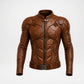 A brown faux-leather jacket with a futuristic, armored design featuring hexagonal paneling, shoulder armor details, and a full front zipper, shown on a plain white background.