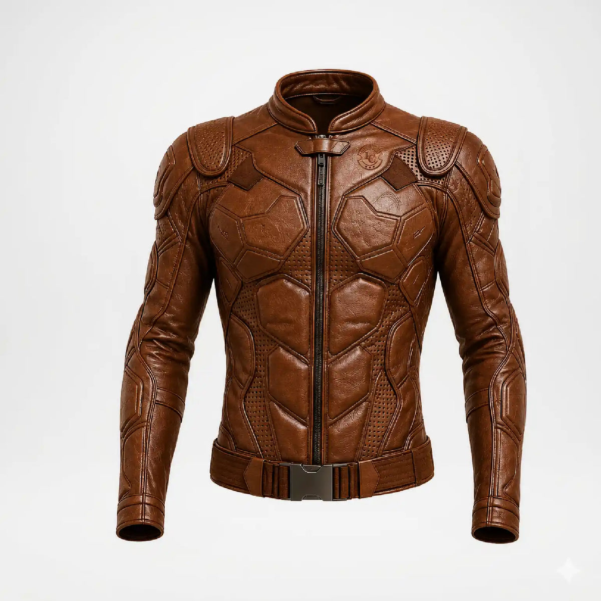 A brown faux-leather jacket with a futuristic, armored design featuring hexagonal paneling, shoulder armor details, and a full front zipper, shown on a plain white background.