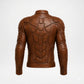 A brown faux-leather jacket with a highly textured, armored, sci-fi style back design, shown from the back on a white background.