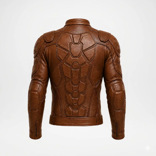 A brown faux-leather jacket with a highly textured, armored, sci-fi style back design, shown from the back on a white background.
