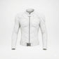 A white futuristic armored jacket with a high collar, full front zipper, and a silver belt buckle detail, shown on a light gray background.