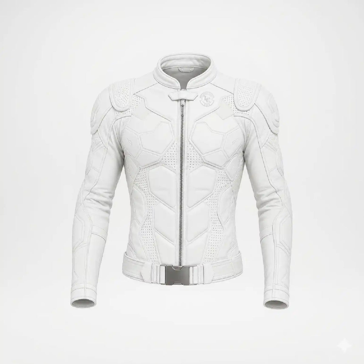 A white futuristic armored jacket with a high collar, full front zipper, and a silver belt buckle detail, shown on a light gray background.