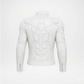 White leather motorcycle jacket shown from the back, featuring sculpted armor-style paneling and breathable mesh inserts, photographed on a clean white background.