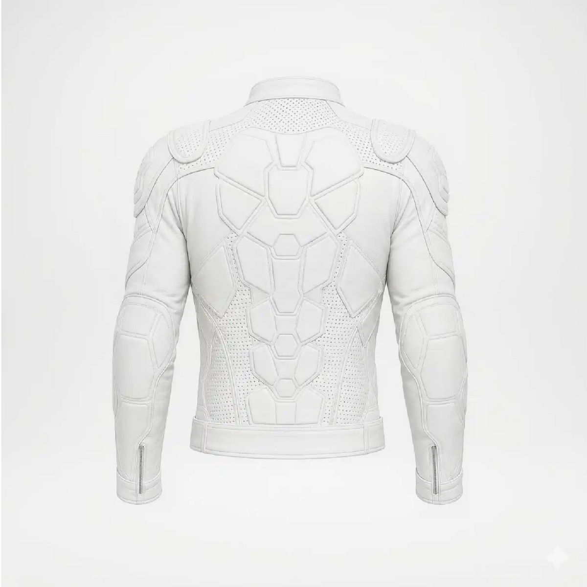 White leather motorcycle jacket shown from the back, featuring sculpted armor-style paneling and breathable mesh inserts, photographed on a clean white background.