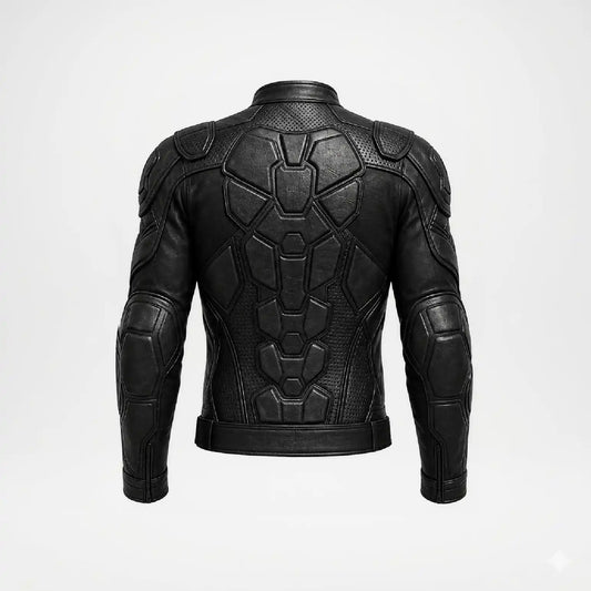 Black leather jacket with a highly textured, futuristic armored design shown from the back on a light gray background.
