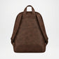 A dark brown faux-leather backpack shown from the back, featuring a top handle, adjustable shoulder straps, and a front slip pocket, set against a plain white background.