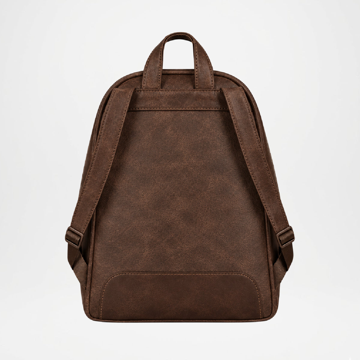 A dark brown faux-leather backpack shown from the back, featuring a top handle, adjustable shoulder straps, and a front slip pocket, set against a plain white background.