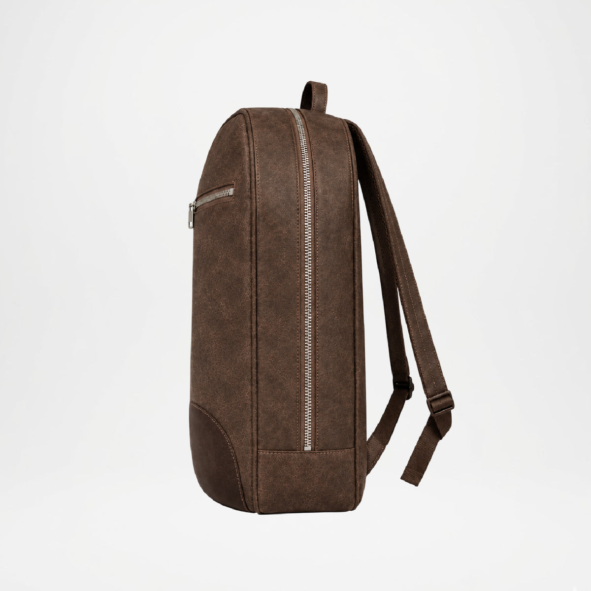 A dark brown faux-leather backpack shown from the side profile against a clean white background.