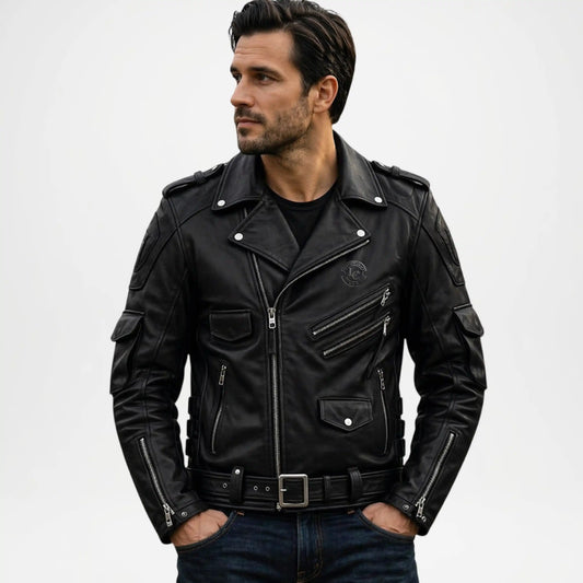 mens black leather biker jacket