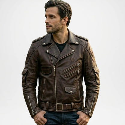 mens dark brown leather biker jacket