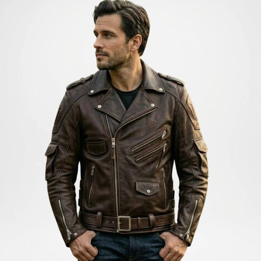 mens dark brown leather biker jacket