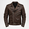 A dark brown distressed leather motorcycle jacket with silver hardware, displayed on a clean white background.