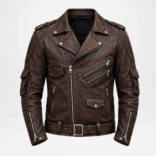 A dark brown distressed leather motorcycle jacket with silver hardware, displayed on a clean white background.