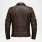 A dark brown leather jacket shown from the back, featuring quilted paneling, multiple buckle straps at the waist, and ribbed elbow guards, set against a plain light gray background.