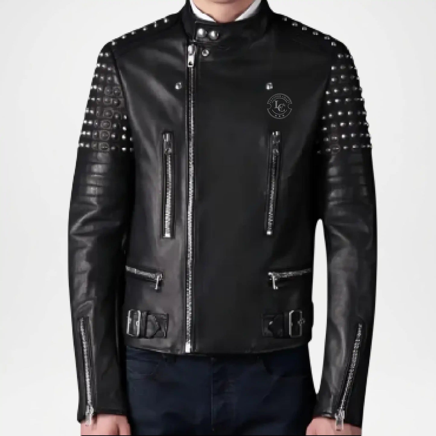 mens black studded biker jacket
